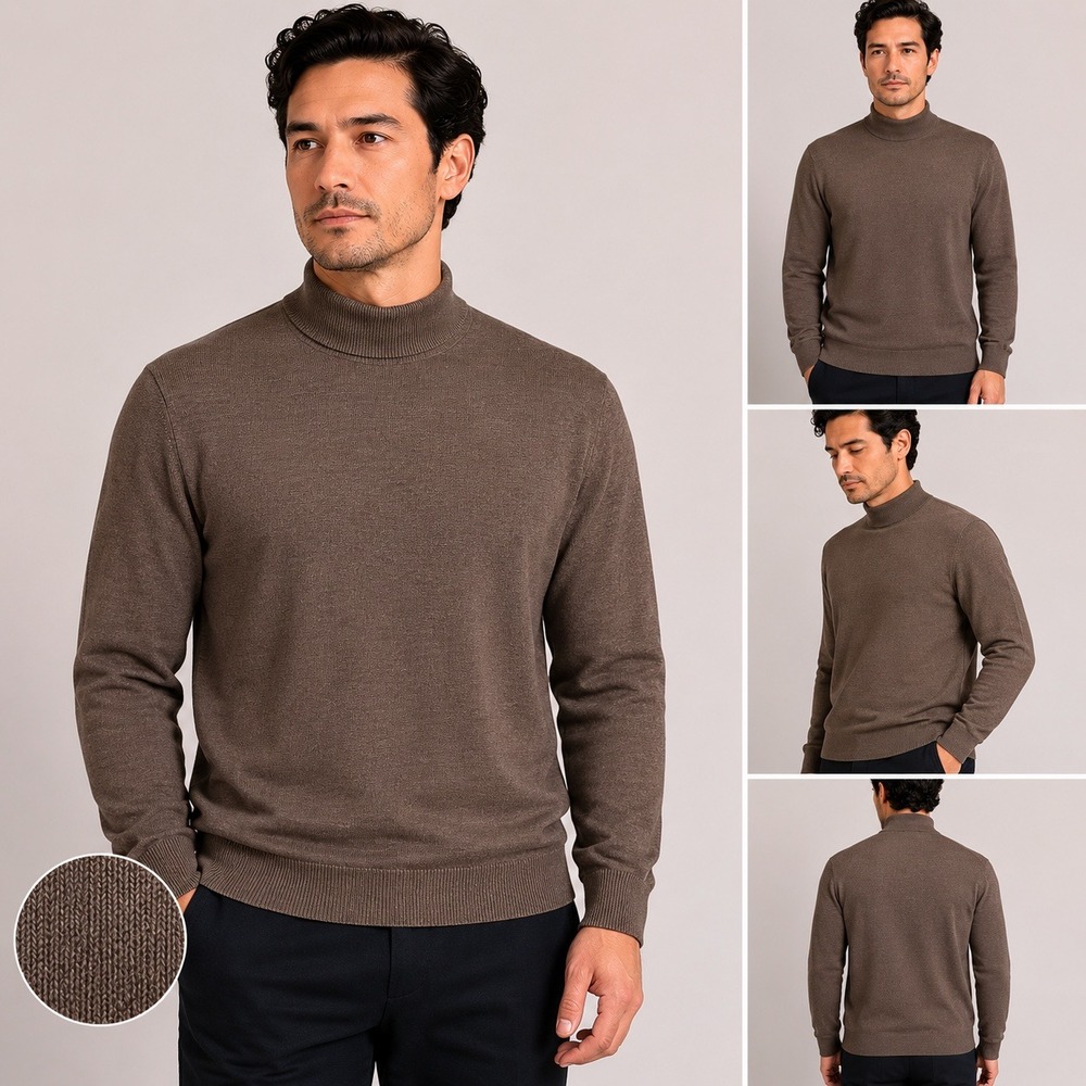 Muji Mens Washable High-Gauge Mock Neck Wool Sweater Greyish Brown Large NWT